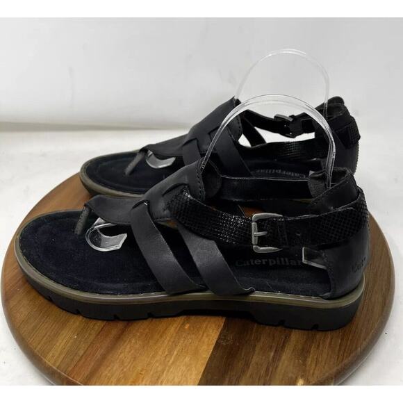 Cat Caterpillar Sandal Womens Leather Shanna Ankel Strap Thong‎ Black Size 10 - Picture 4 of 11